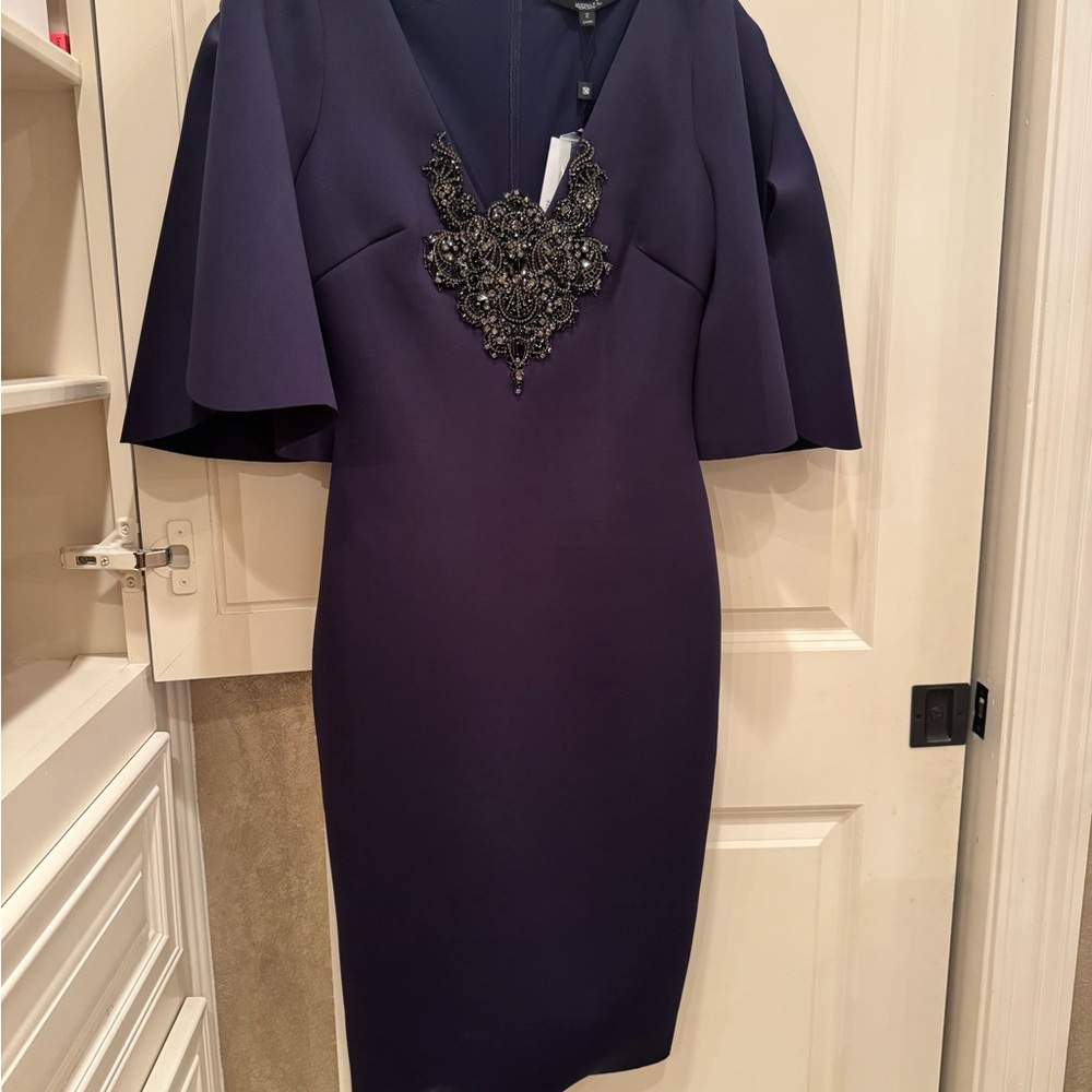 Badgley Mischka Navy Midi Dress with Beaded Applique